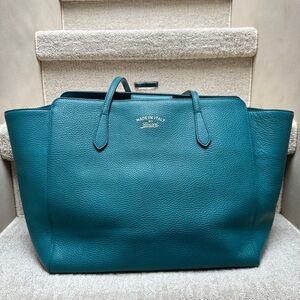 Gucci Blue Tote Bag | Leather Trim | Gold Hardware | Large Designer Work Tote